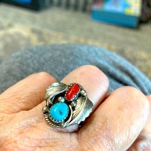 Vintage native ring with turquoise and coral stones